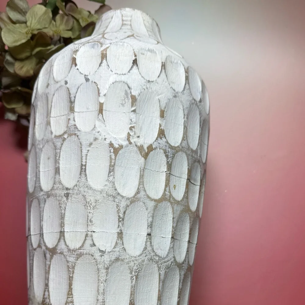 Pier One extra large carved wood white wash divot vase